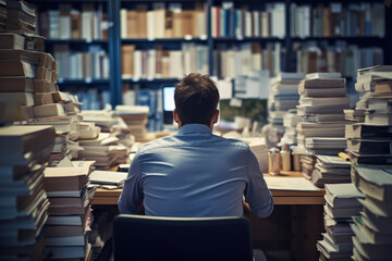 Exhausted man in the office full of folders and work ,back view.	

