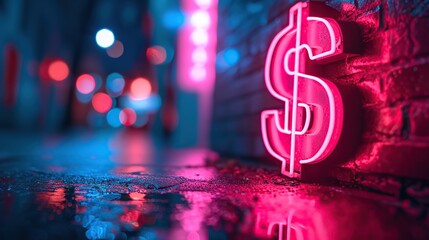 A vibrant neon dollar sign illuminates a wet city street at night, reflecting on the ground with a blurred urban background, suggesting themes of economy and nightlife. - obrazy, fototapety, plakaty