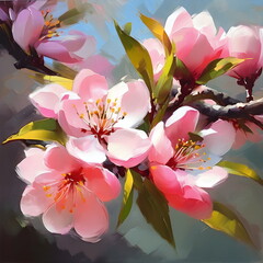 Blooming peach twig in sunny spring light. Digital painting. AI