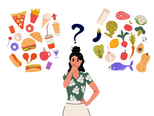 Girl in a Hawaiian shirt compares healthy and fast food in her head.  Vector illustration. Isolated. Food difference. Junk food. Eat. Diet. Organic and balanced food concept. Lifestyle