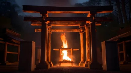 Tuinposter torii gate japanese with flame burning background © Hamsyfr