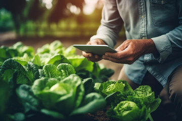 Close Up of a Young farmer using digital tablet inspecting fresh vegetable in organic farm. Agriculture technology and smart farming concept.	
 - Powered by Adobe