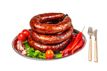 Grilled pork beef sausages, Oktoberfest dishes, isolated on white background.