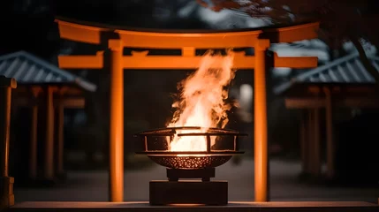 Rollo torii gate japanese with flame burning background © Hamsyfr