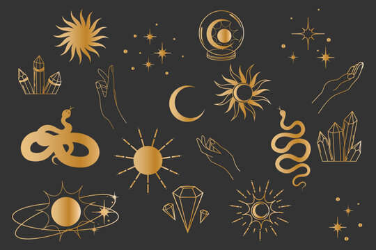 Esoteric set with sun, moon, snake, crystal and stars. Gold symbol for cosmetics and packaging, jewelry, logo, tattoo.