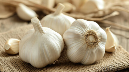 Garlic cloves and garlic bulbs lie on the cloth.