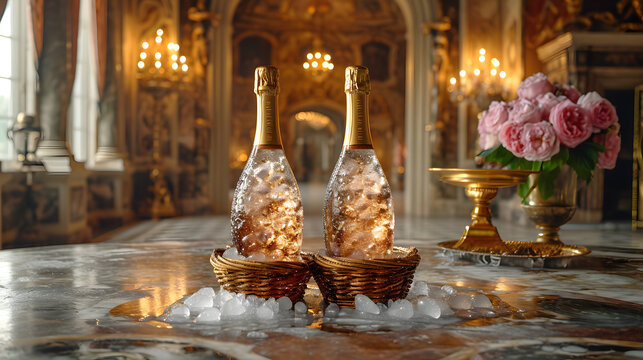 Two champagne bottles in a basket with ice, elegant interior background.