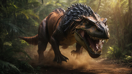 Furious trex or Dynasor running in action on the jungle
