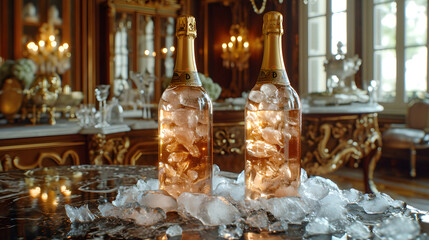 Two illuminated champagne bottles on a table with ice, elegant interior background.