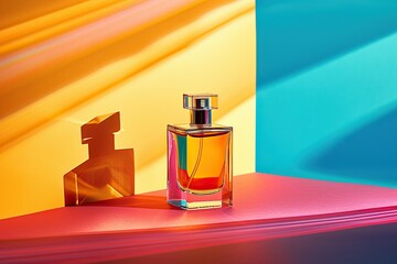 Perfume bottle on colorful background with reflection. Perfumery product