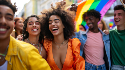 group of joyful young people are celebrating at a pride parade - obrazy, fototapety, plakaty