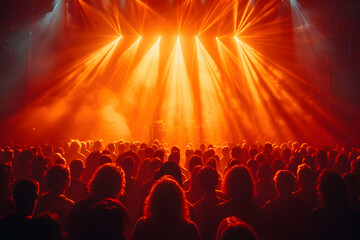 Fototapeta na wymiar Crowd at a concert with vibrant stage lights and a hazy atmosphere.