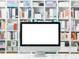 Professional workspace with computer and shelves