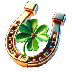 St. Patrick's Day Golden horseshoe and a clover,3D illustration, PNG format, Clipart, st patrick's day decorations, isolated on a transparent background.