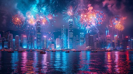Glowing Cityscape at Night: A Spectacular Firework Display Over the Water Generative AI