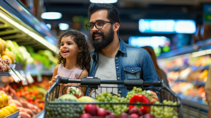 bearded man in a blue shirt and glasses is shopping in a grocery store with a young girl - obrazy, fototapety, plakaty