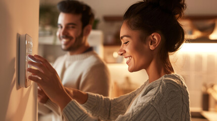 young couple interacting with a smart home control panel mounted on a wall