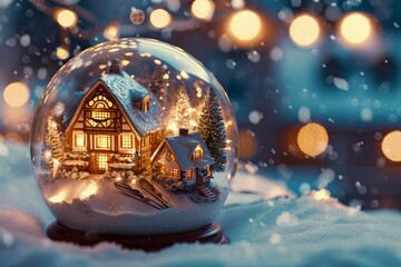 Fototapeta na wymiar Cozy winter scene within a glass globe, featuring miniature skis, snow-covered cabins, and a pristine blanket of snow,