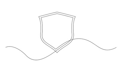 Shield continuous line art. Guard drawing sign. Protect linear symbol template