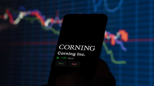 January 15th 2024 Corning, New York. The logo of Corning Inc. on the screen of an exchange. Corning Inc  price stocks, $GLW on a device.