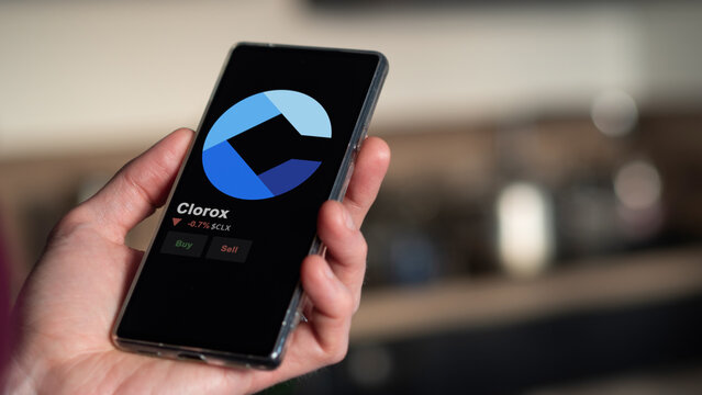 Clorox on the screen of an exchange. Clorox price stocks, $CLX on a device.