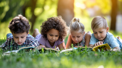 children lying on the grass, deeply engaged in reading books.