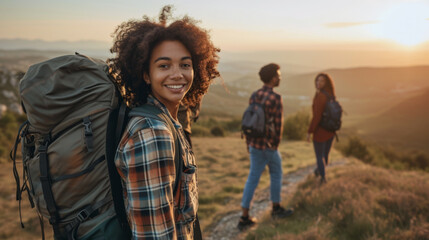 group of friends is hiking in the mountains at sunset, with a young woman in the foreground smiling at the camera