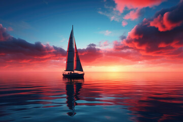 Fototapeta premium Sailboat on calm blue ocean with beautiful sunset.
