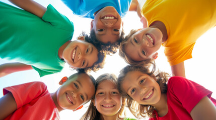 High-angle shot of a group of children forming a circle and looking up towards the camera with smiling faces. - Powered by Adobe