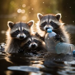 Three Baby Raccoons Enjoying Playtime in Nature. Adorable Wildlife Siblings Exploring the Outdoors. Outdoor Adventures with Baby Raccoons.