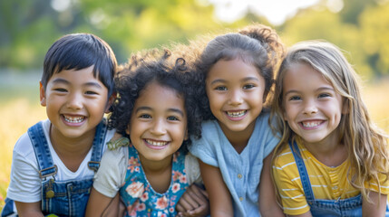 Group of four children, two boys and two girls, smiling together outdoors.