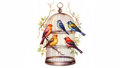 Vintage birdcage with watercolor birds perched on the HD Wallpaper
