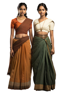 Full length view of Indian women in Mundum Neriyathum: Traditional clothing worn by women in Kerala, consisting of two pieces of cloth Isolated on transparent background.