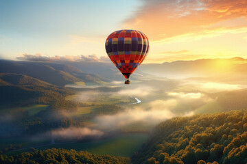 Fototapeta premium Hot air balloon floating over a misty valley at sunrise.