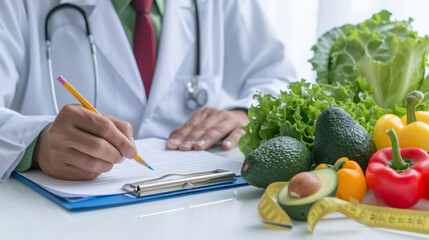Healthcare professional, presumably a dietitian or nutritionist, with a clipboard in hand, writing notes in front of a table filled with various fresh vegetables