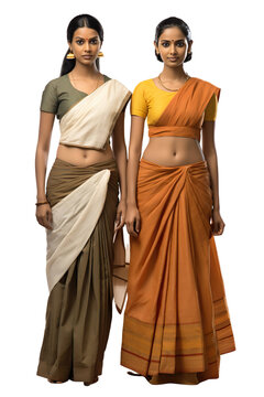 Full length view of Indian women in Mundum Neriyathum: Traditional clothing worn by women in Kerala, consisting of two pieces of cloth Isolated on transparent background.