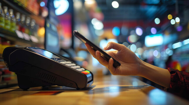 Person is using a smartphone to make a contactless payment at a POS (Point of Sale) terminal.