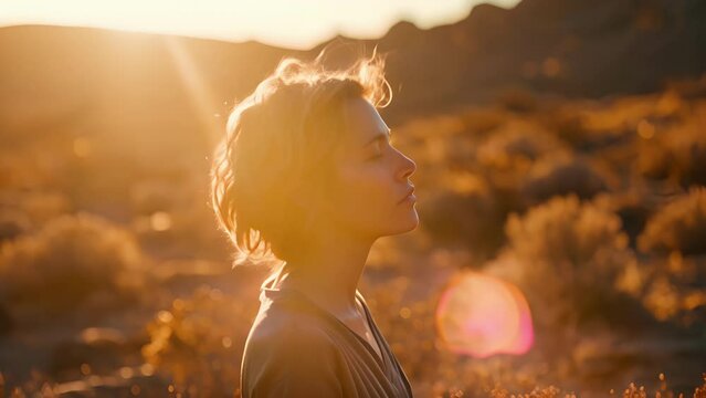 A person standing still, eyes closed, and feeling the warmth of the sun on their face, practicing sensory mindfulness in the desert