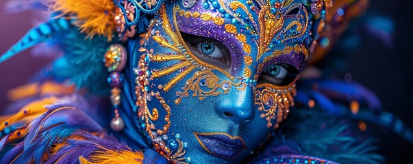 Mardi Gras Mask: Blue, Purple, and Gold Face Paint Generative AI