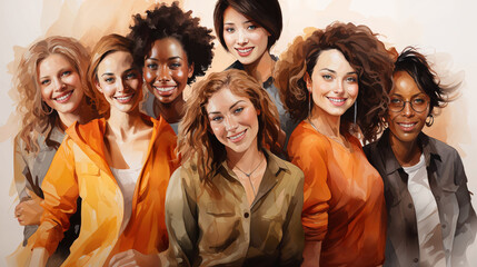 Cheerful and expressive group of diverse women bond in an inclusive community watercolor style: Women's day concept - obrazy, fototapety, plakaty