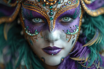 Mardi Gras Masked Marvel: Purple, Green, and Gold Face Paint Generative AI