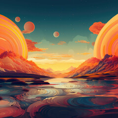 AI-generated abstract landscape with geometric shapes and vivid colors