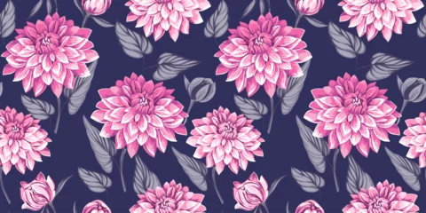 Fototapeten Seamless pattern abstract artistic dahlias with leaves. Vector drawn illustration. Floral tapestry. Elegance stylized pink flowers on a dark blue background. Template for design, printing, fashion © incarnadine