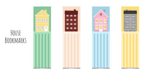 Set of 4 bookmarks in bright colors and cute small houses. Flat style illustration. Kids bookmark templates for reading. Isolated on white background. Pretty kids bookmarks.  - obrazy, fototapety, plakaty