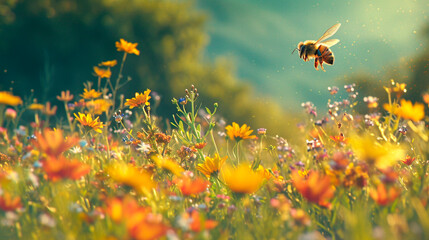 Bees in the meadow and apiary. Selective focus. - obrazy, fototapety, plakaty