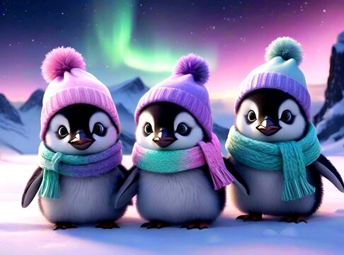 Three cute penguins happily walking in a beautiful snow pile, aurora sky background