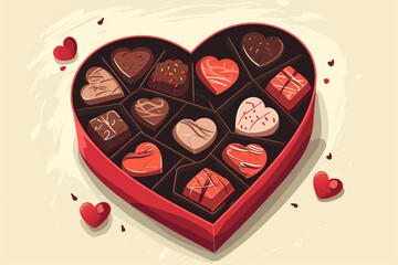 Illustration of a heart-shaped box of chocolates, Valentine's day, Flat illustration - obrazy, fototapety, plakaty