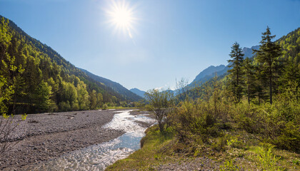 Fototapeta na wymiar riparian zone Rissbach river, Karwendel mountains at springtime