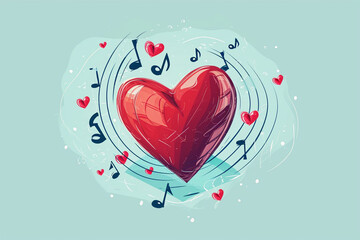Illustration of a heart with musical notes around it, Valentine's day, Flat illustration - obrazy, fototapety, plakaty