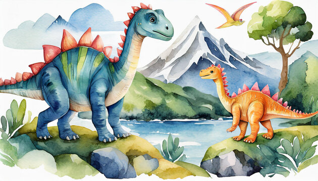 dinosaurs in the nature,Children's drawing